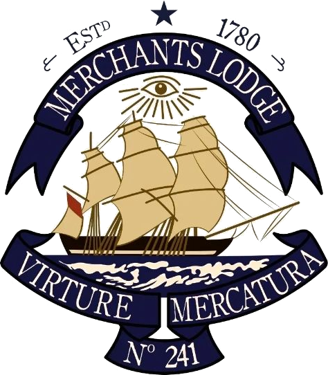 The crest of Merchants' Lodge: a three-masted ship under sail with the all-seeing eye above, the lodge motto and No. 241
